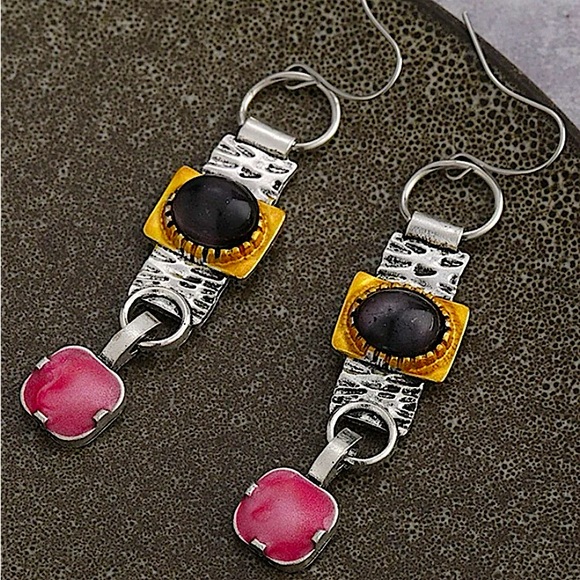 Silver Geometric Stone Boho Vintage Drop Dangle Earrings - Picture 1 of 4